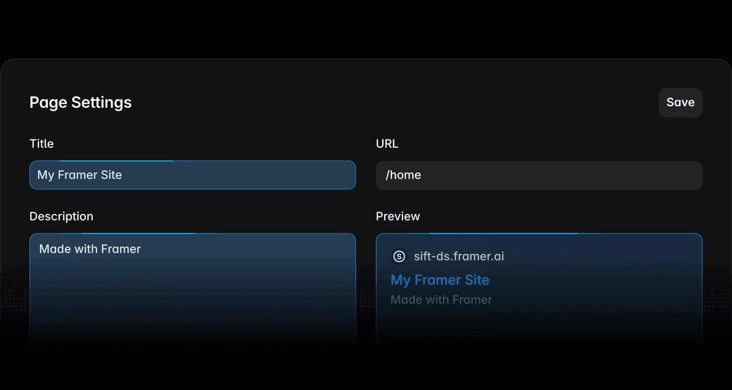Framer Page Settings showing the page title, URL, description, and search preview.