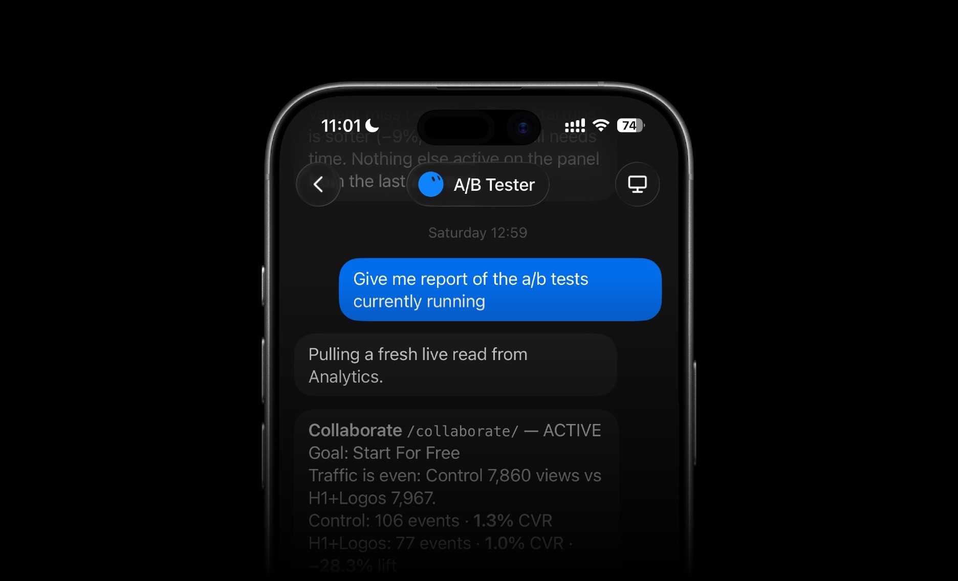 A/B Tester reporting workflow in Grok Bot