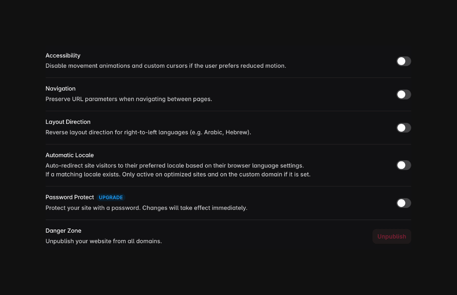 A settings interface on a dark background, showing options under sections like Accessibility, HTML Paste, Navigation, and Danger Zone. The "Disable movement animations and custom cursors" option is enabled, while other options, such as opting out of the HTML to Framer Chrome Extension and preserving URL parameters, are disabled. A red "Unpublish" button appears in the Danger Zone section.