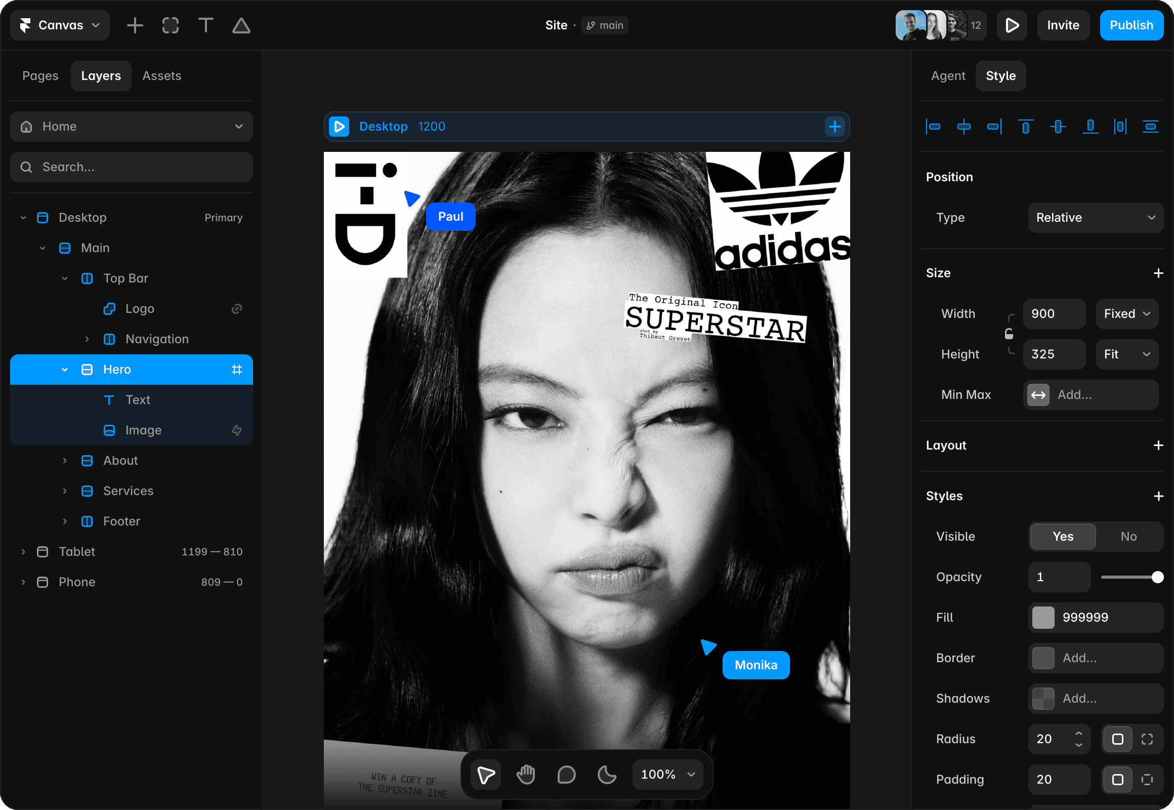 Framer canvas showing a marketing website being edited