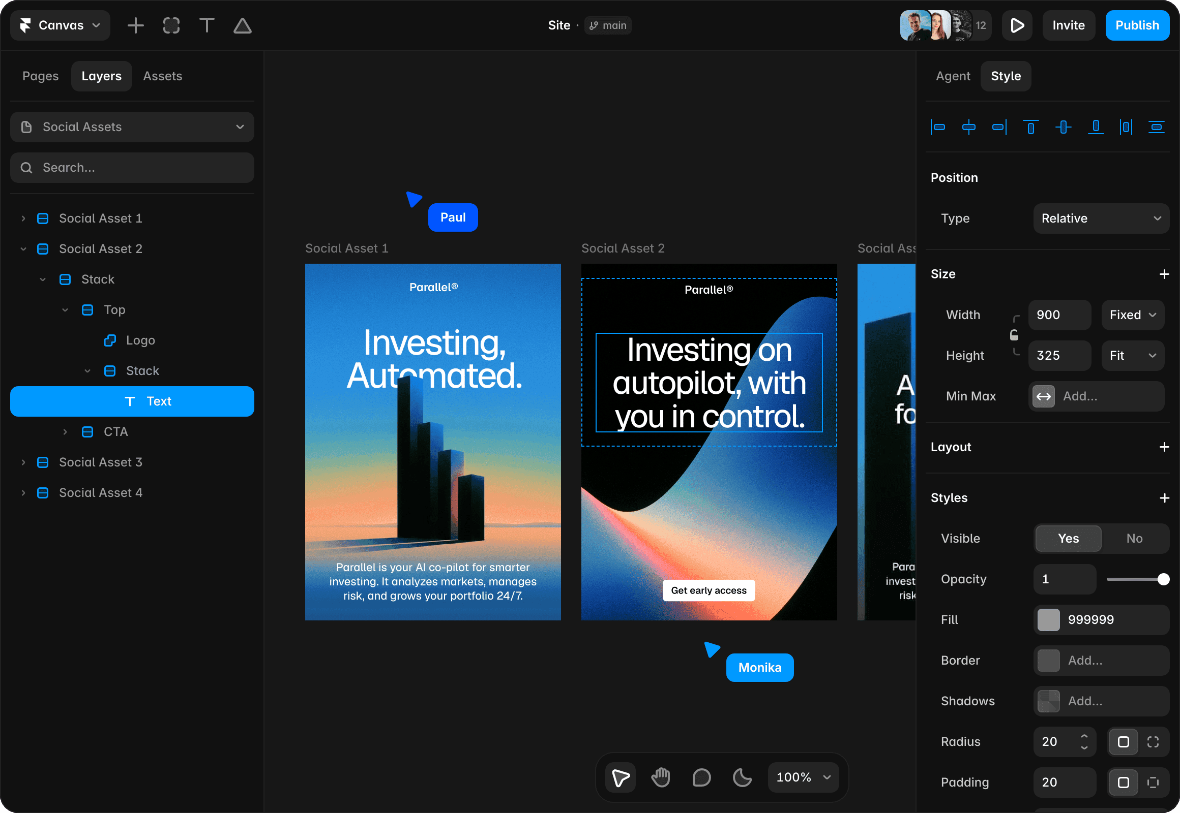 Framer design page canvas for exploring website layouts