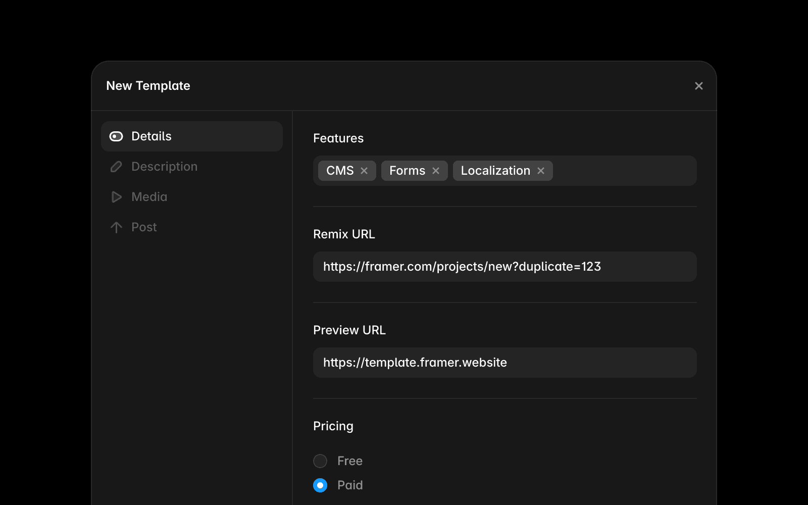 Screenshot showing where to add a live preview URL for a template in the Framer Community composer.