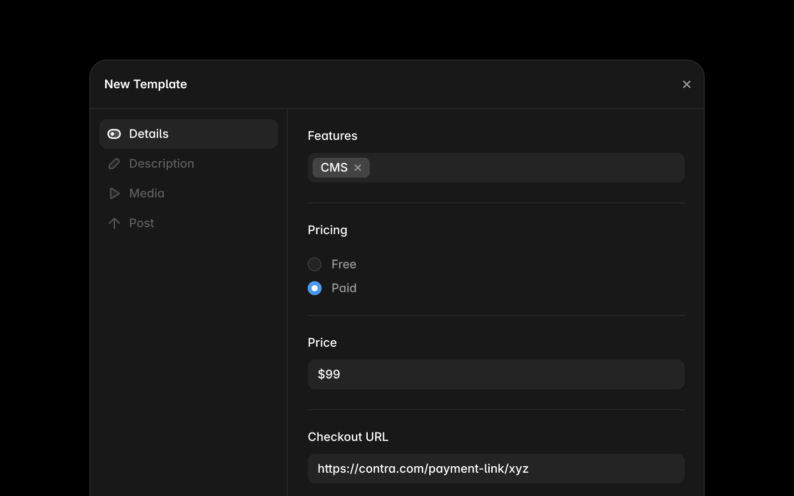 Dark UI modal titled ’Set Pricing’ with fields for Checkout URL and Price, showing example placeholders ([https://contra.com/payment-link/xyz](http://framer.com/m/123) and 99$), and ‘Cancel’ and ’Save’ buttons at the bottom.