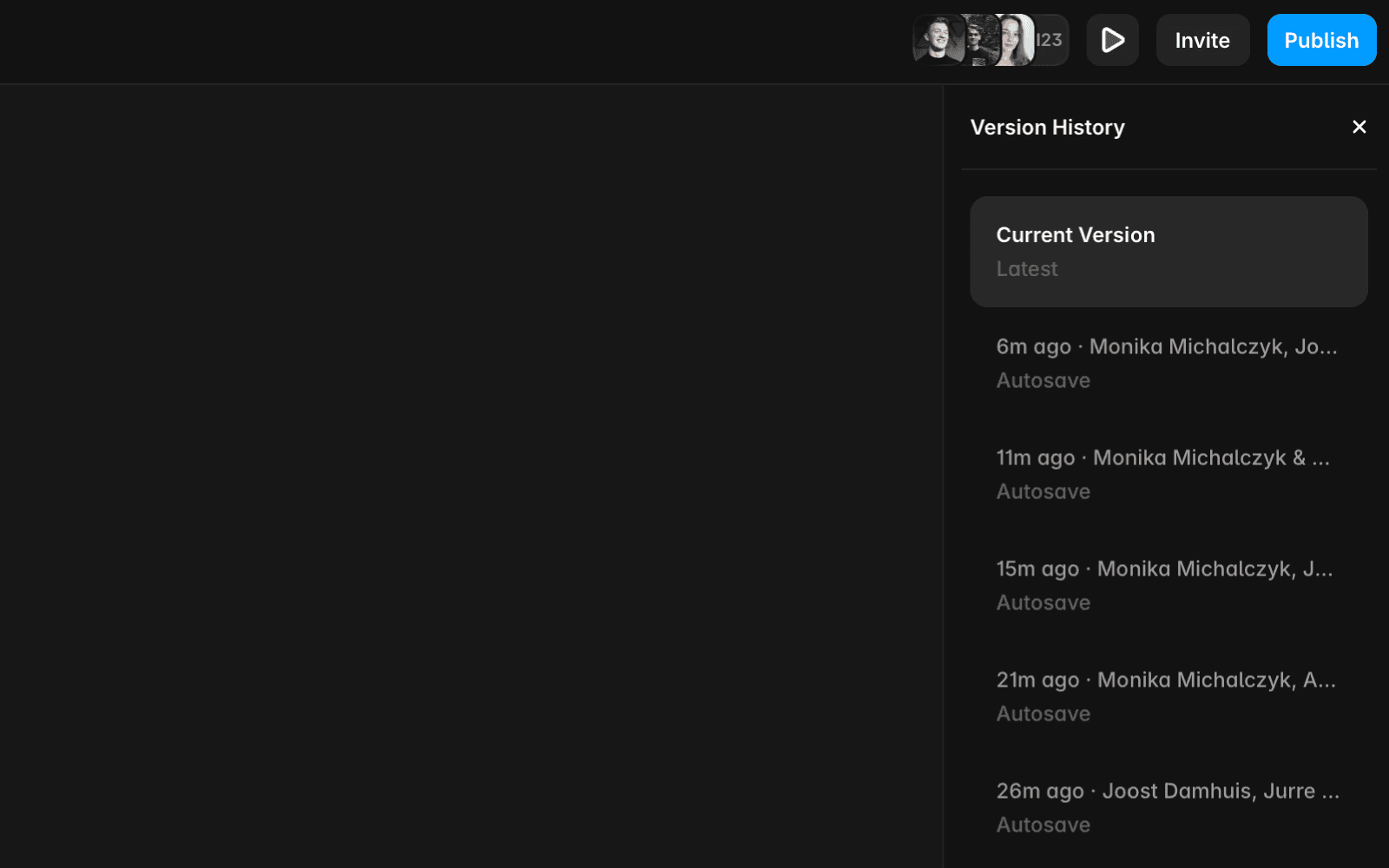Screenshot showing the version history panel of a Framer project.
