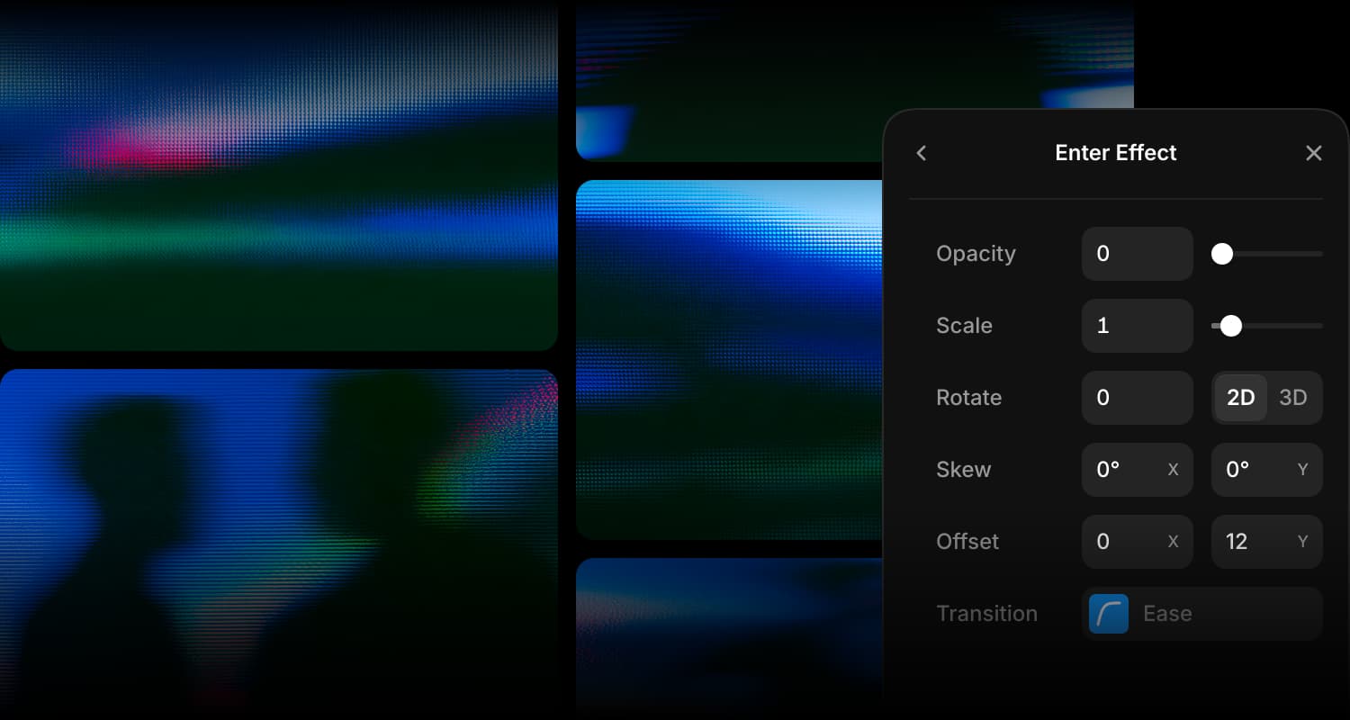 Framer’s Enter Effect settings over an image grid, showing opacity, scale, rotation, offset, and transition controls.
