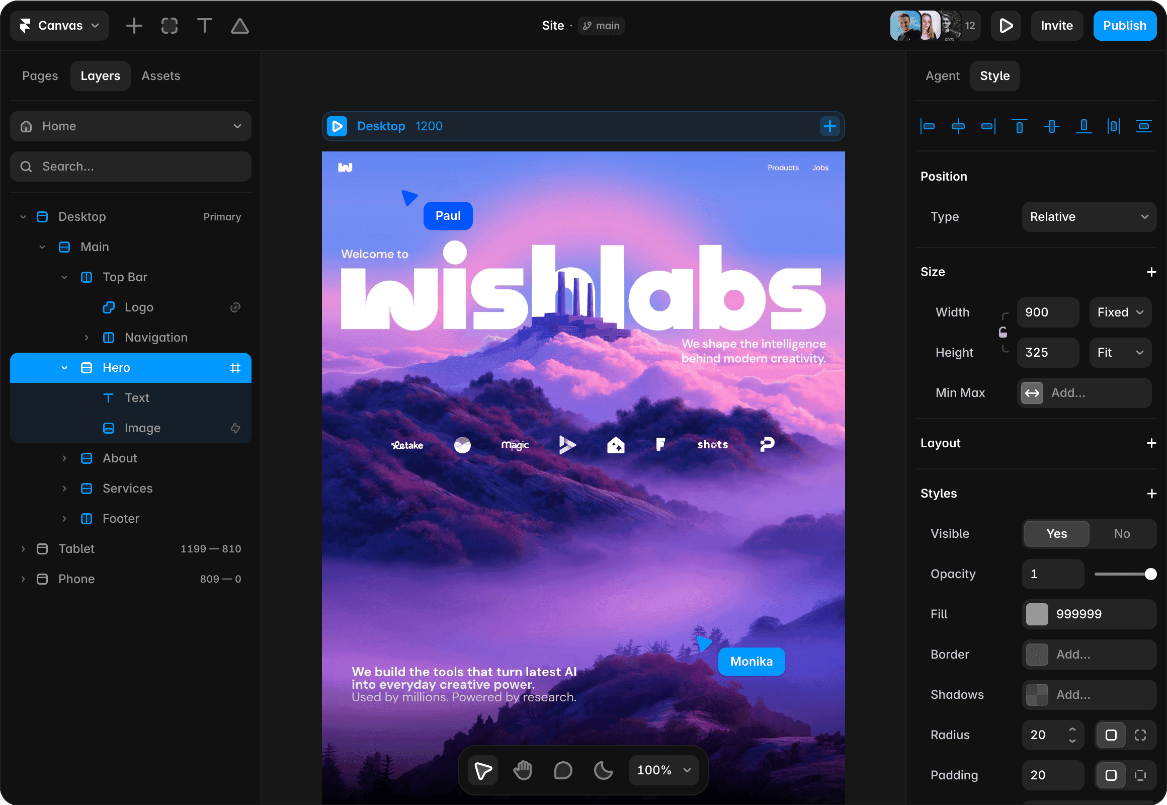 Framer interface for editing a professional website across breakpoints