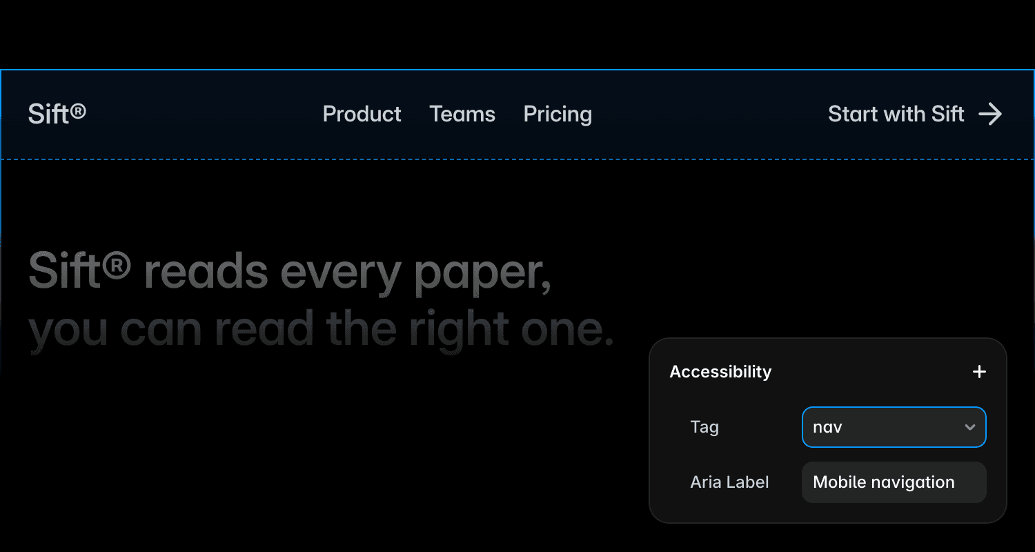Framer accessibility settings showing the nav tag and Mobile navigation ARIA label