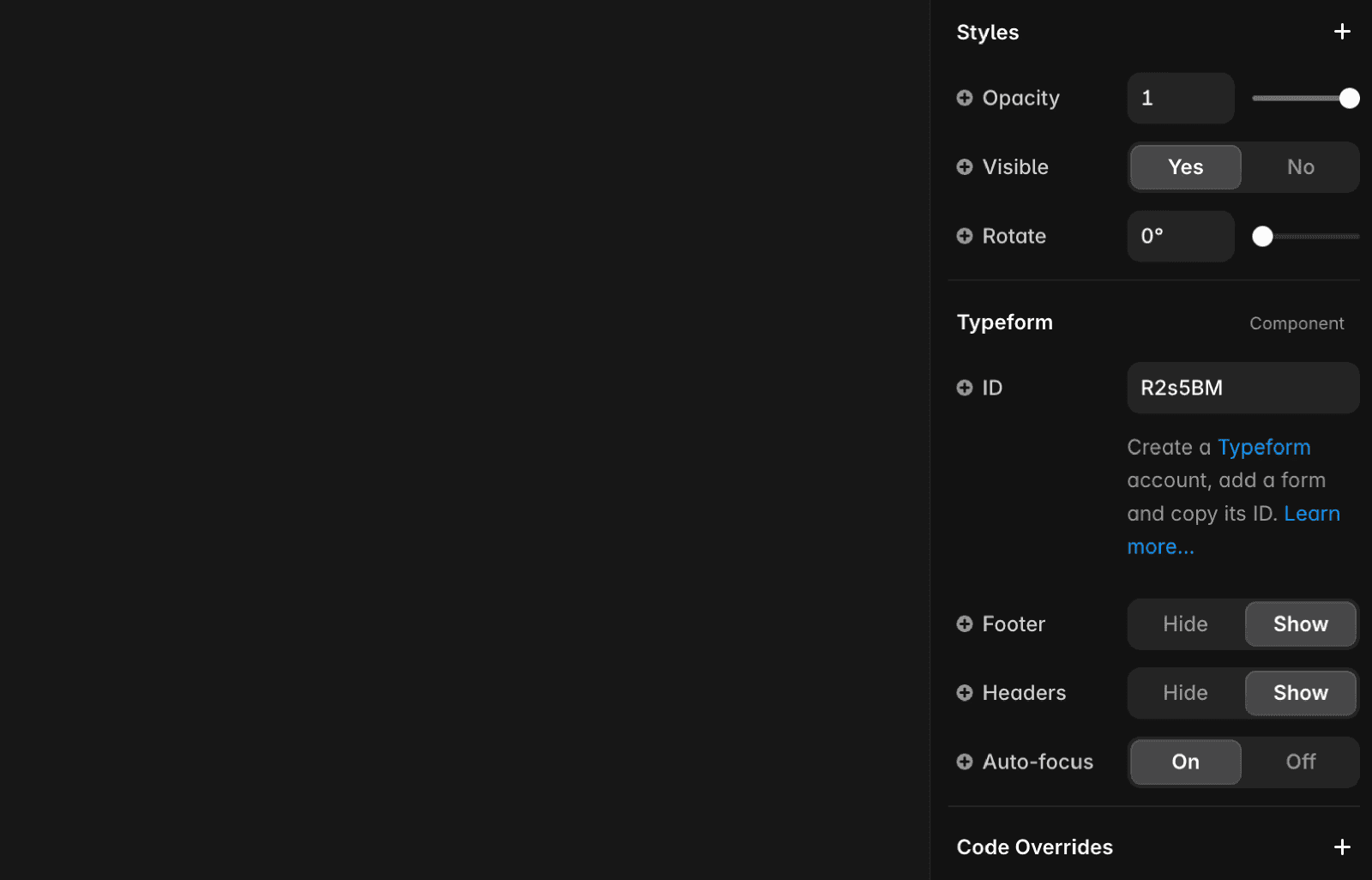 Screenshot of a settings panel for integrating Typeform into a design. The panel includes sections for 'Styles' (opacity and visibility), 'Transforms,' and a 'Typeform' component.