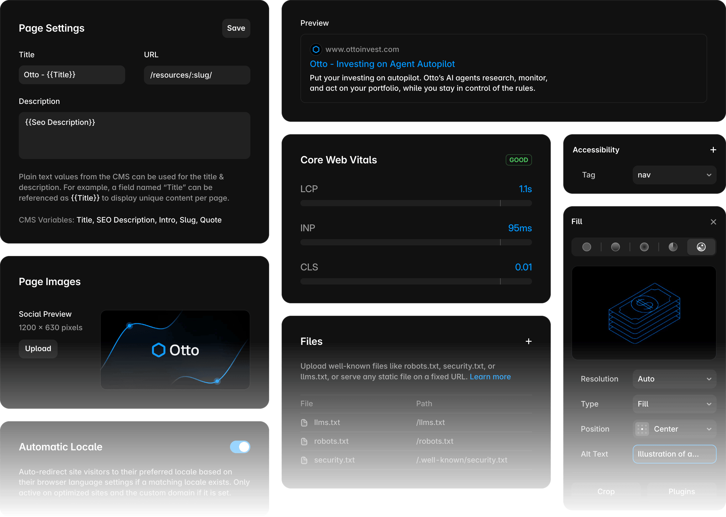 Framer SEO page settings with Core Web Vitals