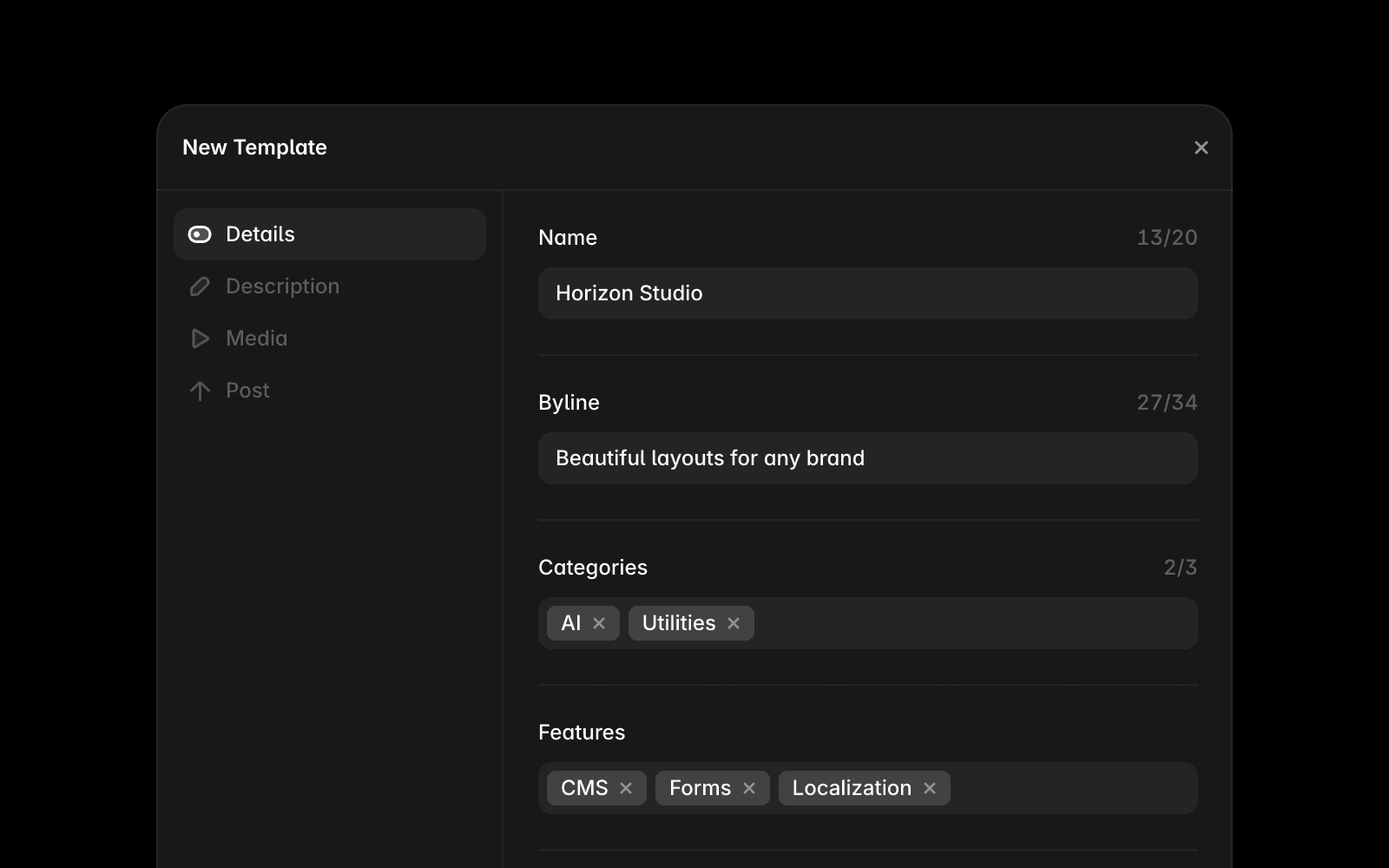 Framer Community template composer showing the submission form with fields for title, description, media, and payment settings