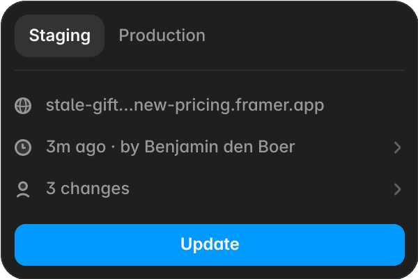 Framer hosting staging interface for previewing site changes