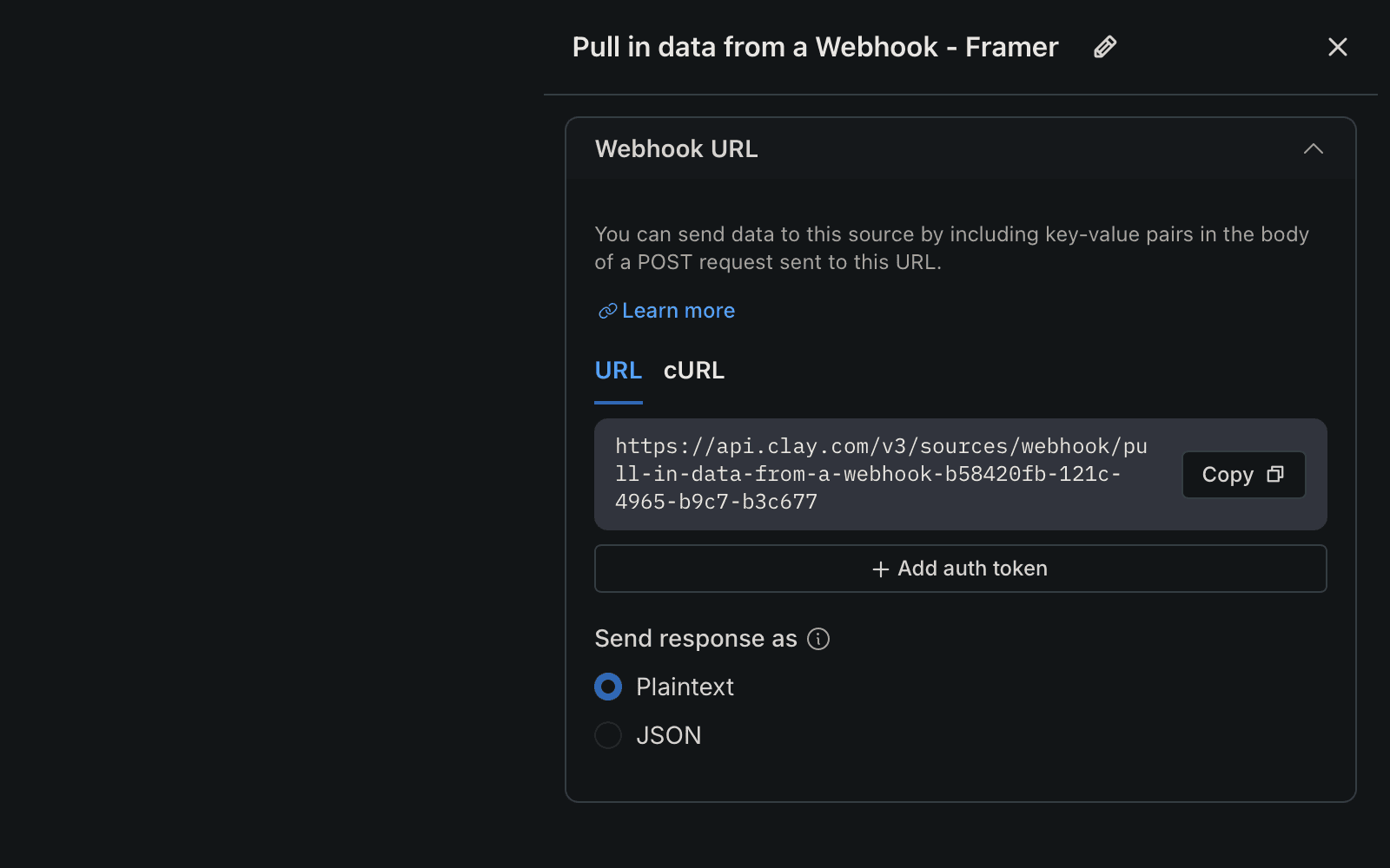 Clay webhook configuration modal showing the 'Pull in data from a Webhook - Framer' interface with a generated webhook URL, copy button, option to add auth token, and radio buttons to select response format between Plaintext and JSON