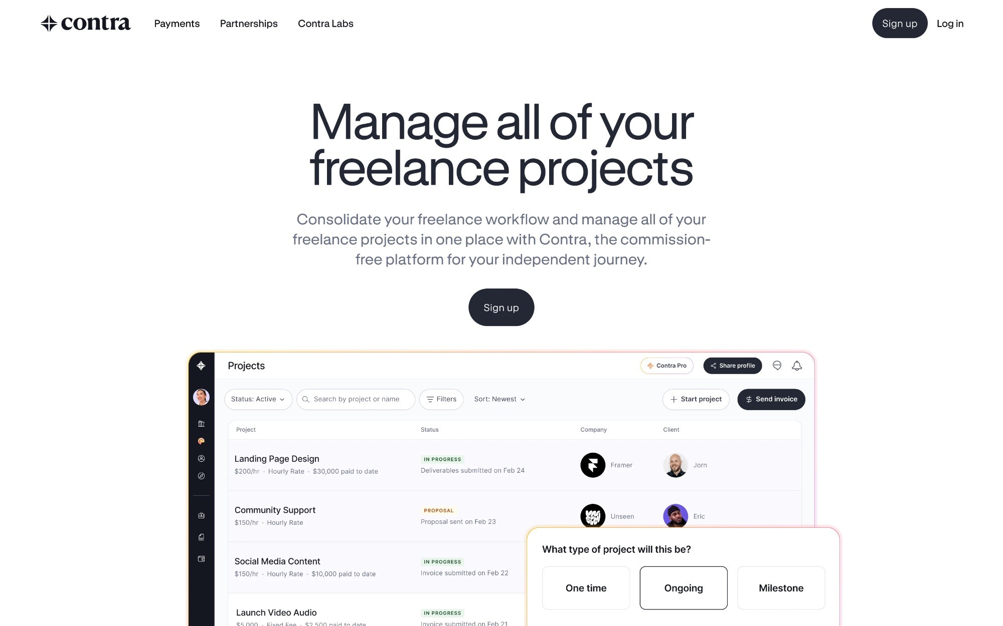 Contra freelance project management page