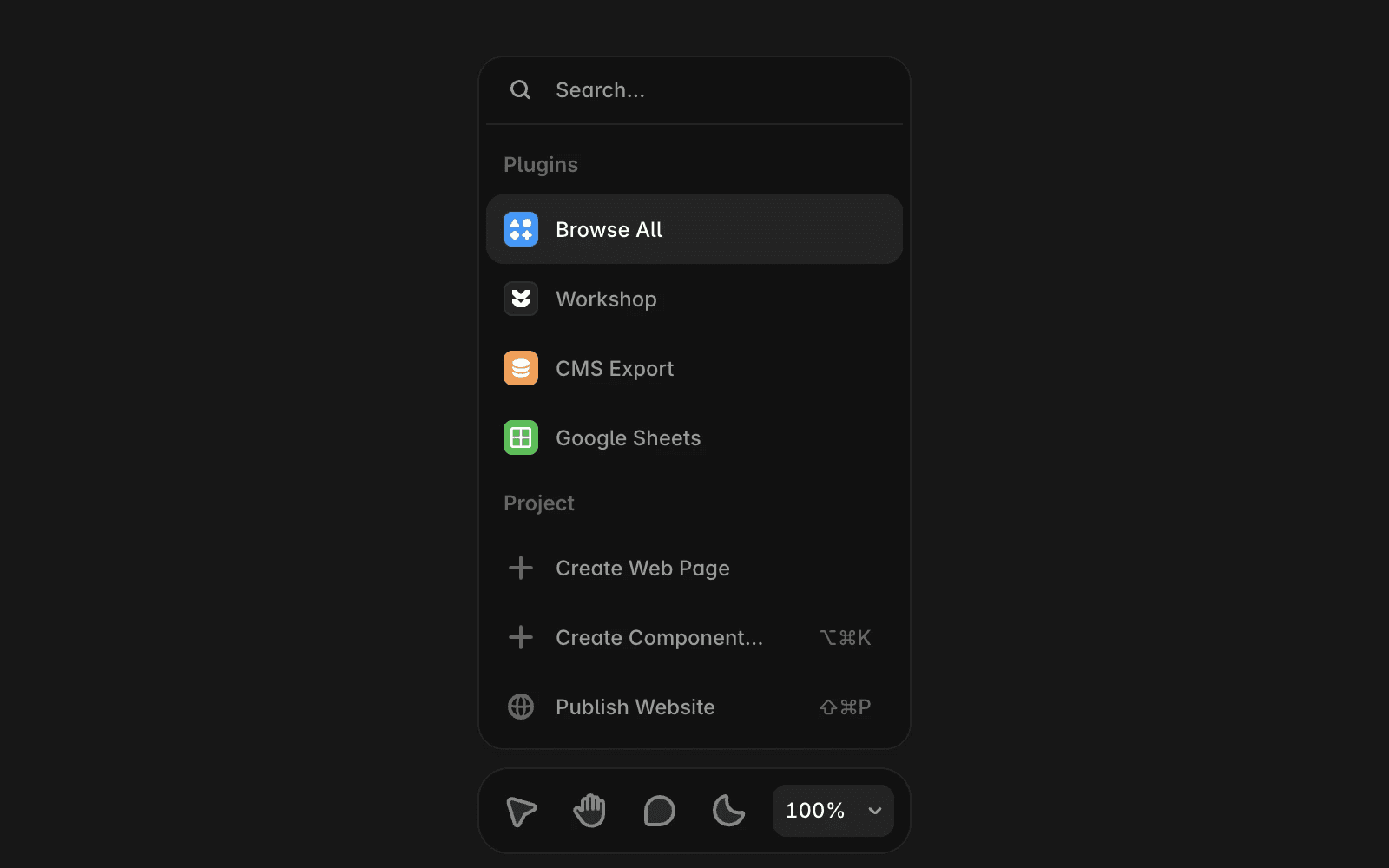 Framer Quick Actions menu showing plugin options including Browse All and Google Sheets.