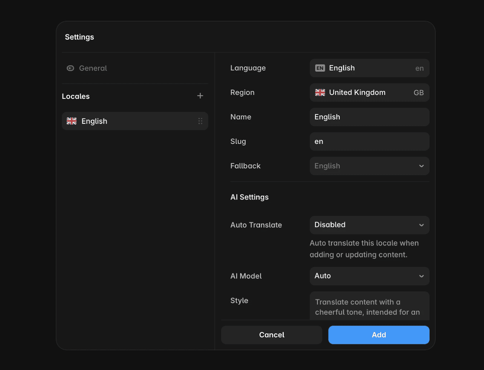 Framer Localization settings showing the Add Locale flow where a language and optional region can be selected.