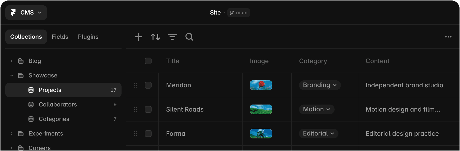 Framer CMS collections interface preview