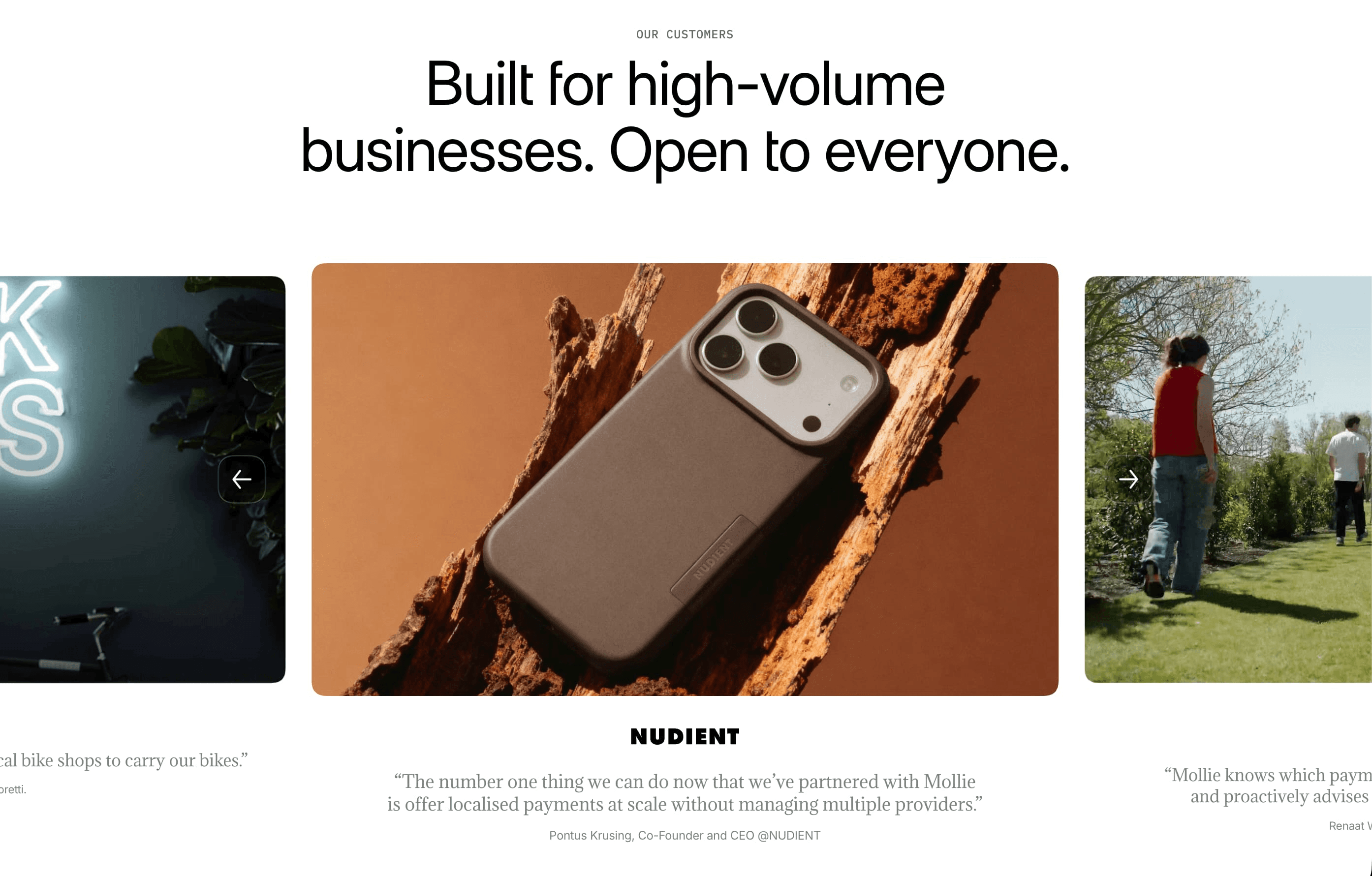 Mollie customer stories page featuring high-volume businesses and product photography