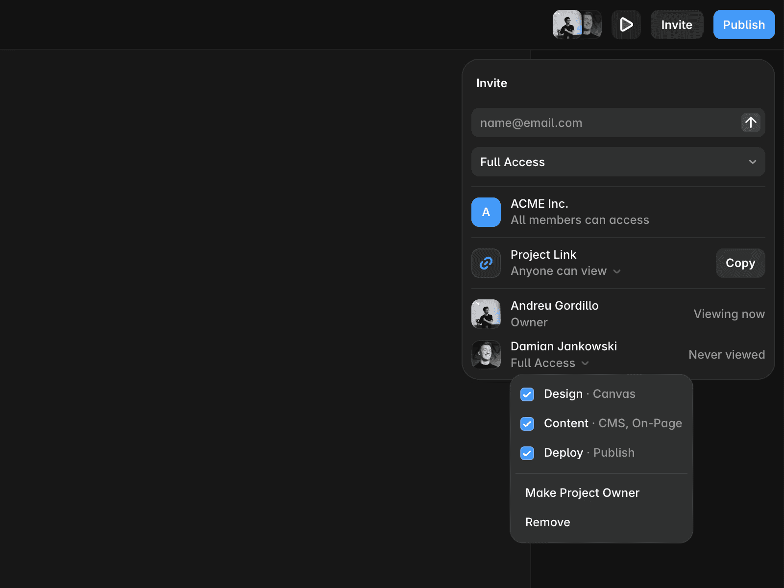 Advanced member permissions showing Design, Content, and Deploy access options.
