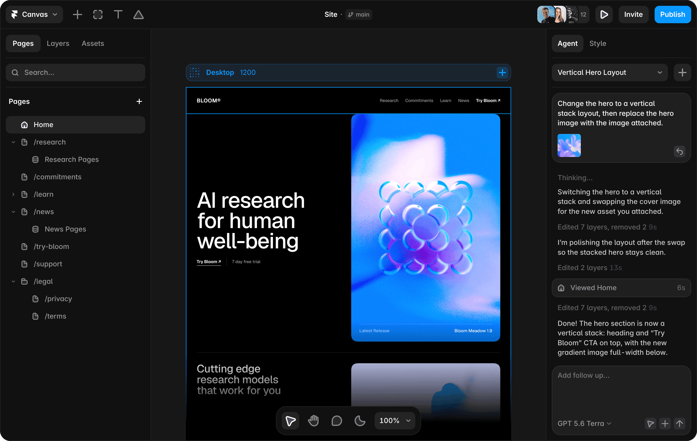 Preview of Framer AI agents working on a website design.