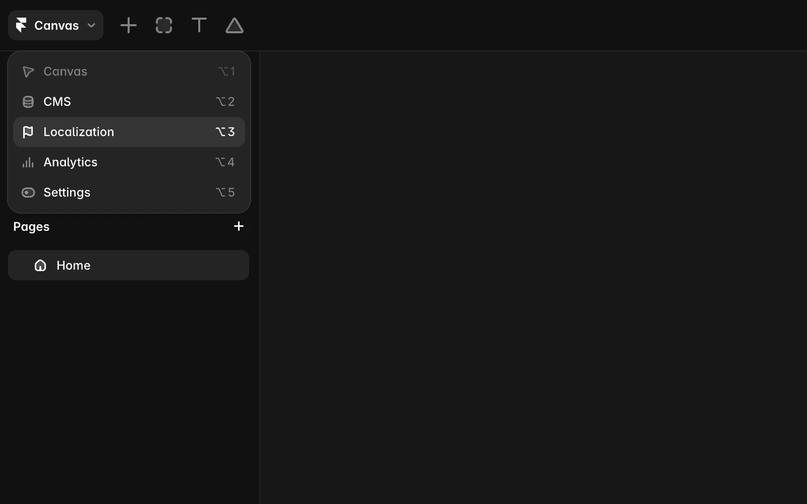 Framer editor menu opened from the top-left corner, showing the Localization option used to open localization settings.