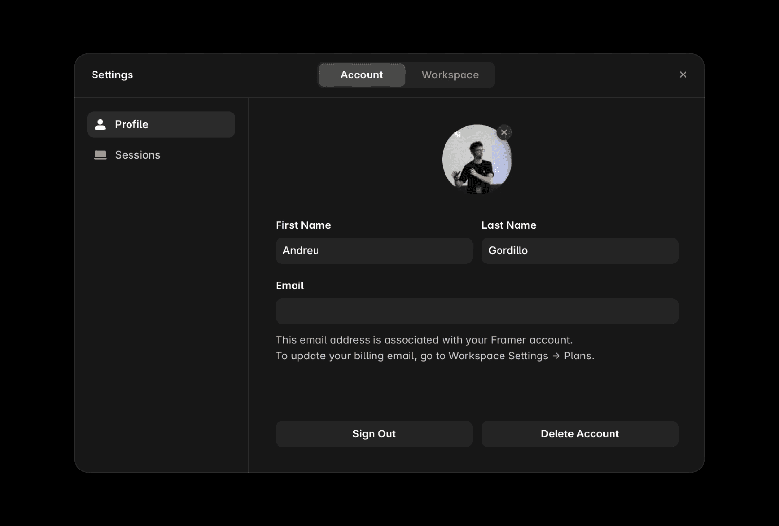 A user account management interface in dark mode. The "Profile" tab is selected, showing a profile picture with a yellow background at the top. Fields for "First Name" (Gizem), "Last Name" (Onan), and "Email" (gizem@framer.com) are visible. A message indicates the email is tied to the Framer account, with instructions for updating billing details. Action buttons include "Sign Out" and "Delete Account.”