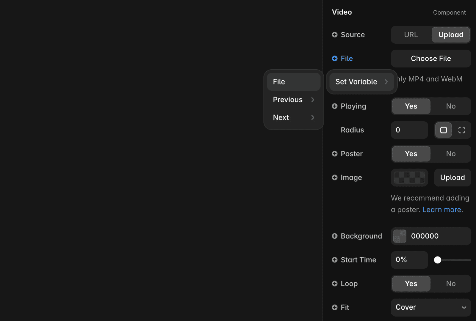A screenshot of the Framer video component settings panel. The interface shows a Video component with "Upload" selected as the source type. Below this, there's a "File" field with a "Set Variable" button and a dropdown menu for selecting CMS variables. The panel also displays options for poster image, radius, start time, loop settings, and fit mode. This illustrates how to connect a CMS file field to a video component in Framer.