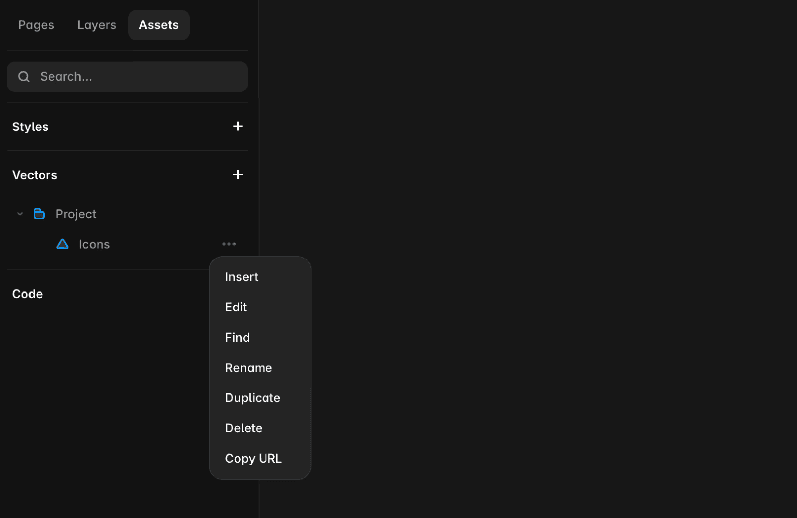 Screenshot of Framer Assets panel showing the vector set context menu with “Copy URL” highlighted.