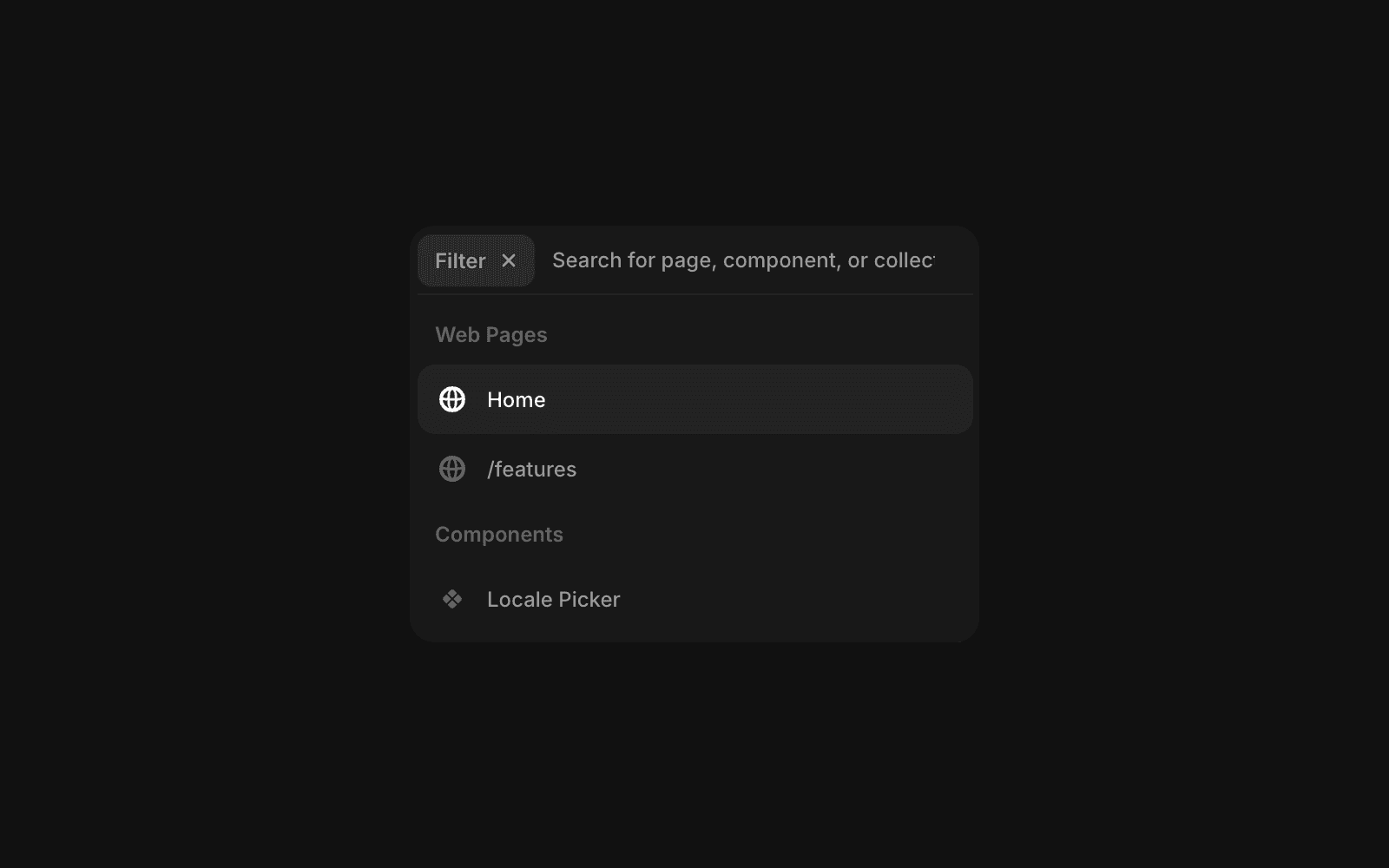 Localization “Filter” dialog on dark UI with a search bar and results: Web Pages (Home, /features) and Components (Locale Picker).
