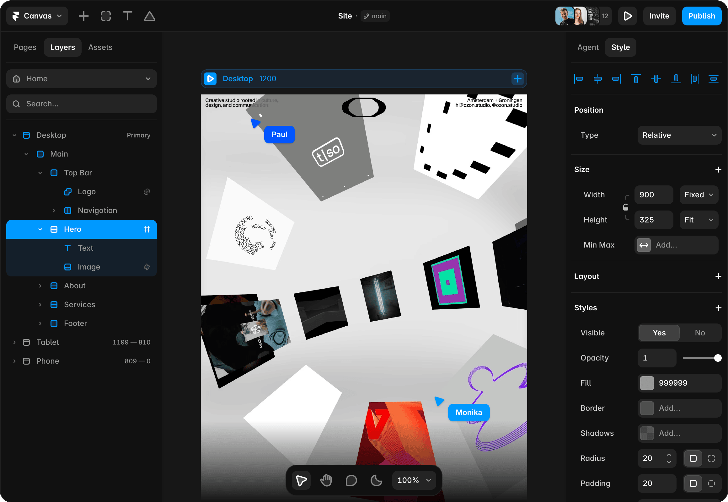 Framer interface for designing UI and UX layouts across screens