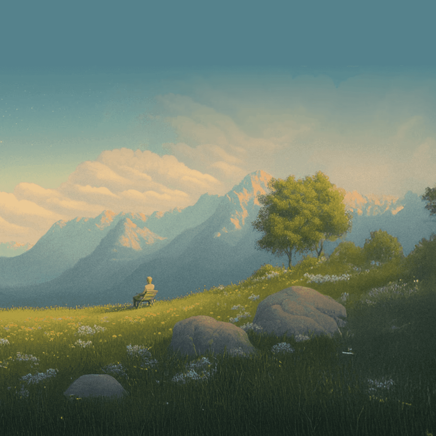 Duna website illustration of a person in a mountain meadow beneath a tree