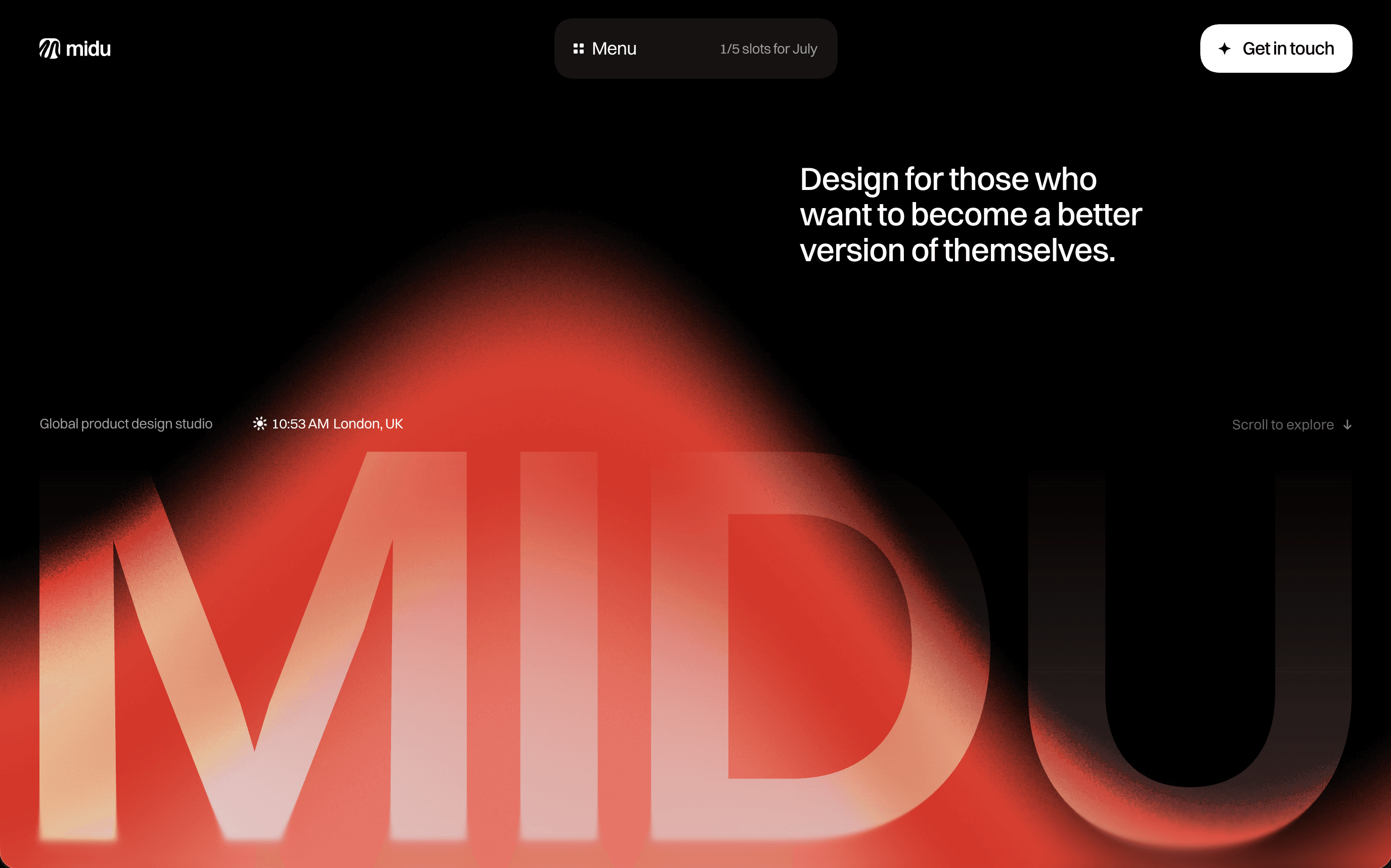 Midu product design studio website with glowing red typography on a black background
