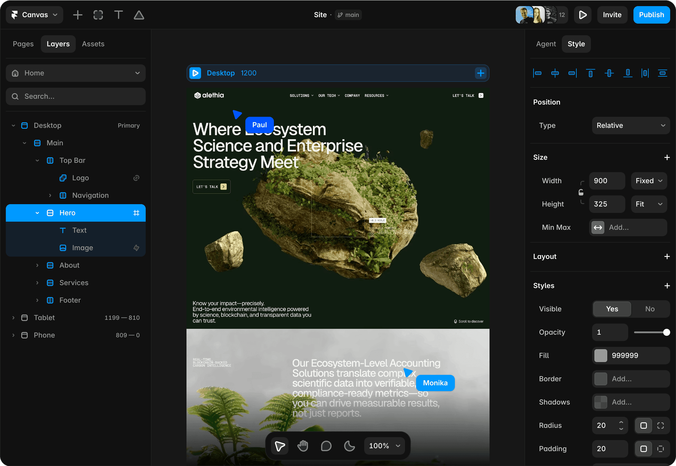Framer canvas showing a startup website being edited