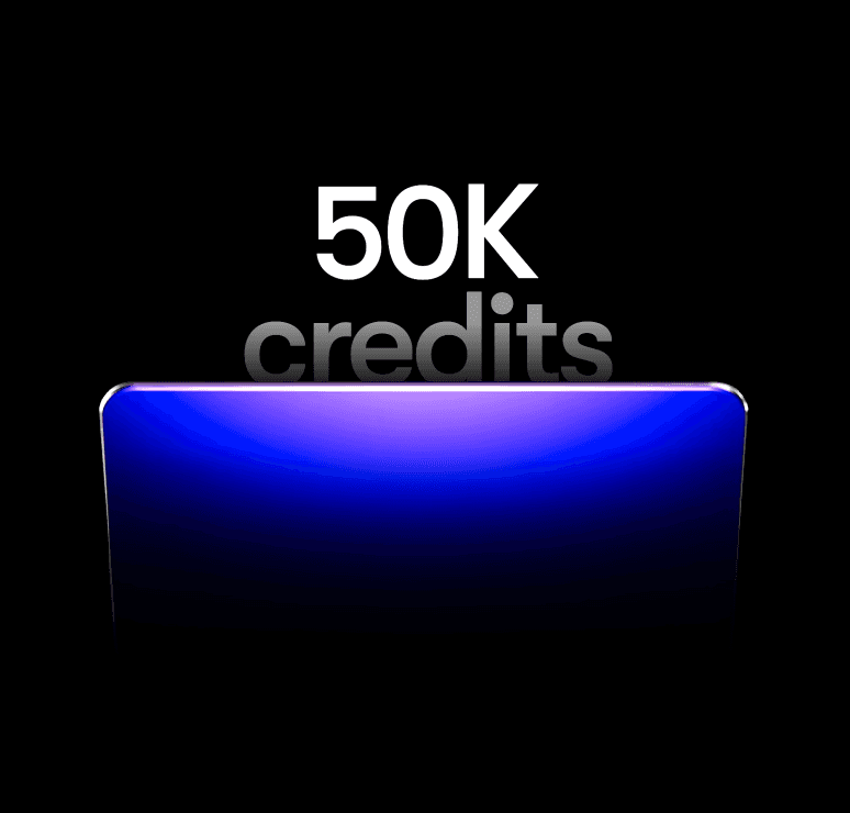 Glowing card representing up to 50K AI credits available through Framer Switch.