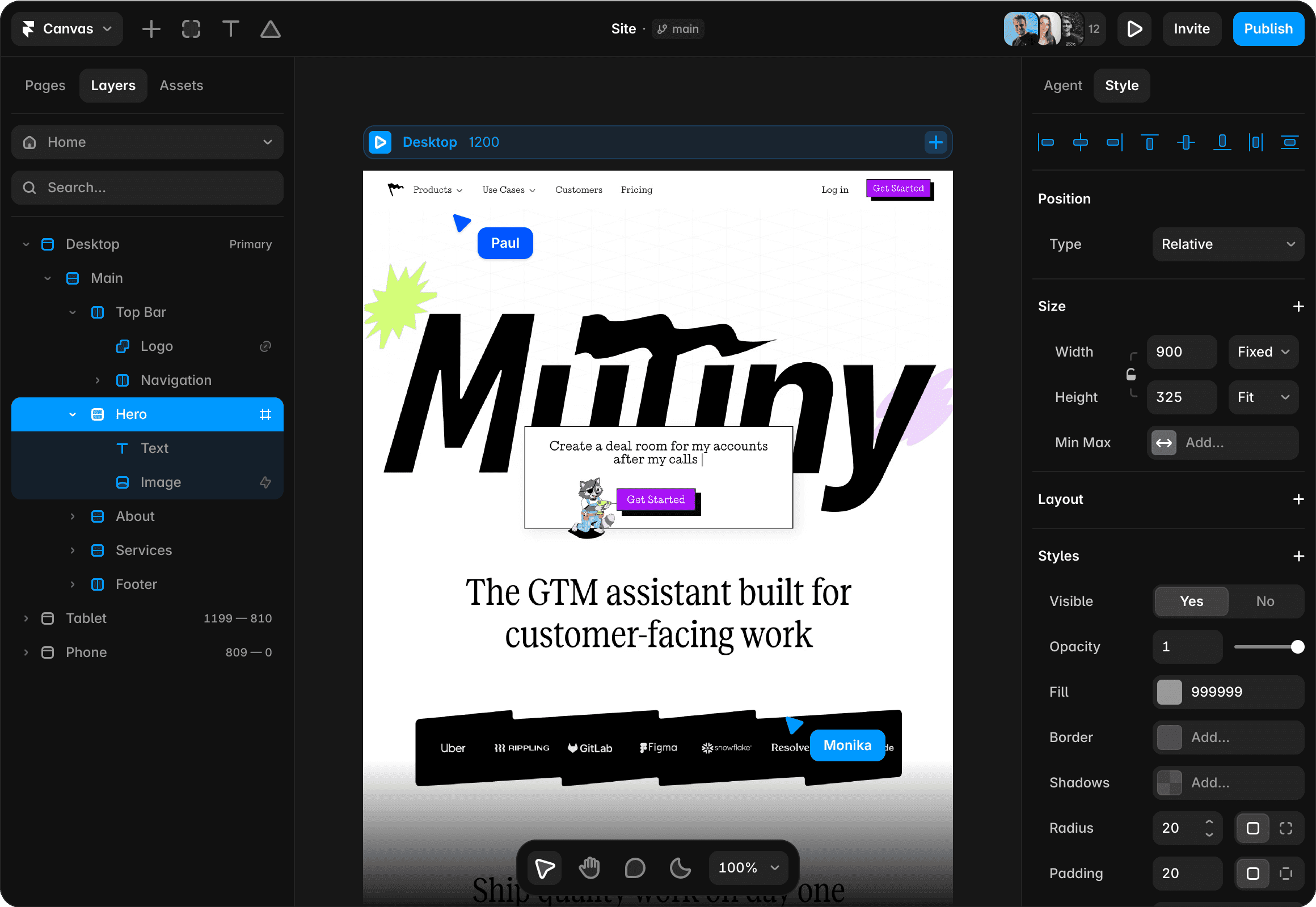 Framer canvas showing responsive landing page editing
