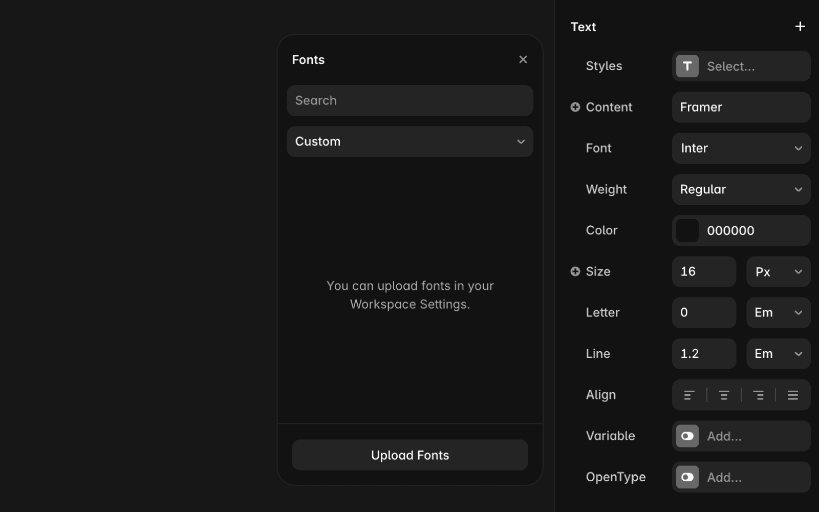 Framer font picker interface showing the Custom tab with an option to upload fonts from a computer.