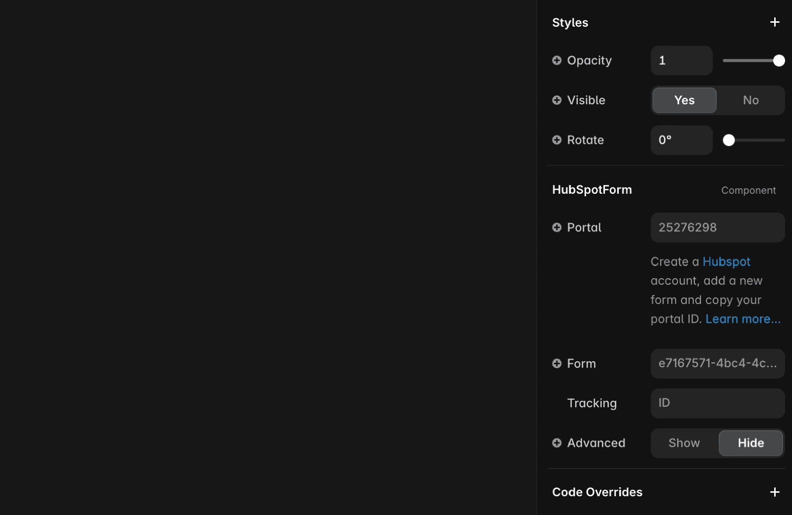 The right menu panel showing all the HubSpotForm options.