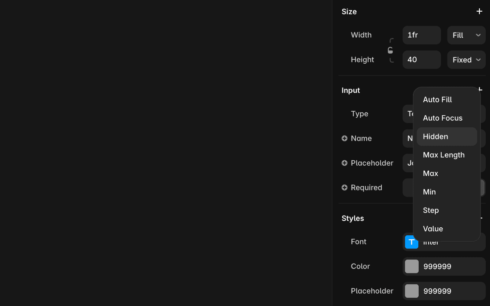 Framer form input settings panel showing the ‘Hidden’ option enabled in the Input section.