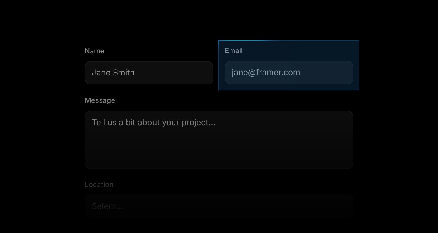 Contact form with name, email, message, and location fields, with the email field selected.