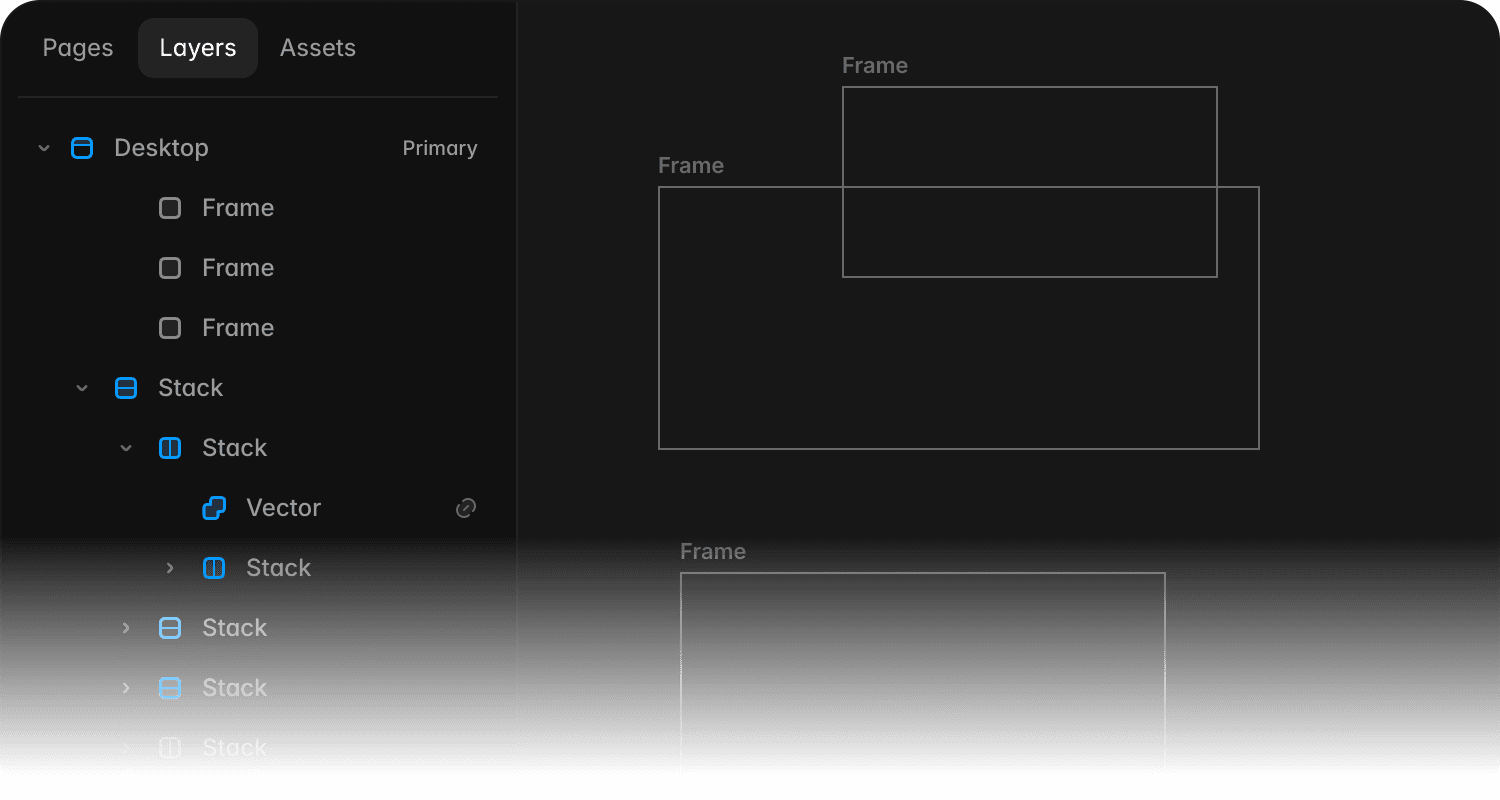 Framer’s Layers panel showing unnamed frames and nested stacks beside empty frames on the canvas.