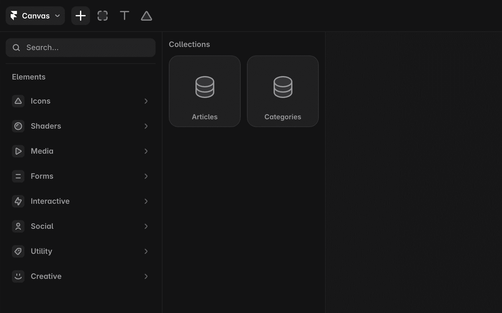 Framer's Insert menu showing the Collections section. The menu displays two available CMS collections: 'Articles' and 'Categories', each represented by a list icon. The left sidebar shows navigation options including Start, Wireframer, Basics (with Sections, Navigation, and Menus), and CMS Collections. The top toolbar shows Insert, Layout, Text, Vector, and CMS options.