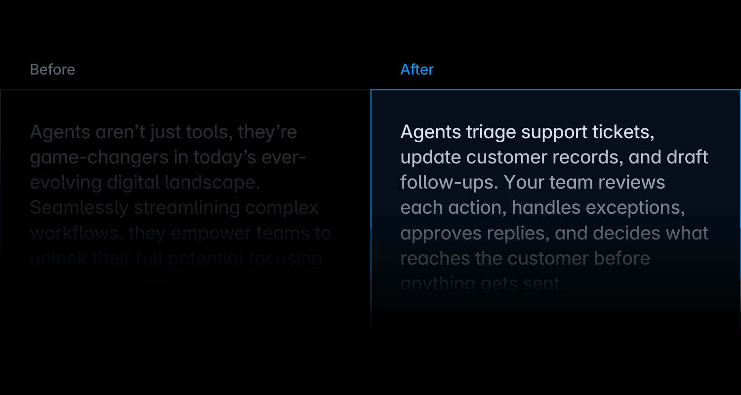 Before-and-after copy comparison replacing generic AI marketing language with specific examples of tasks and human review.