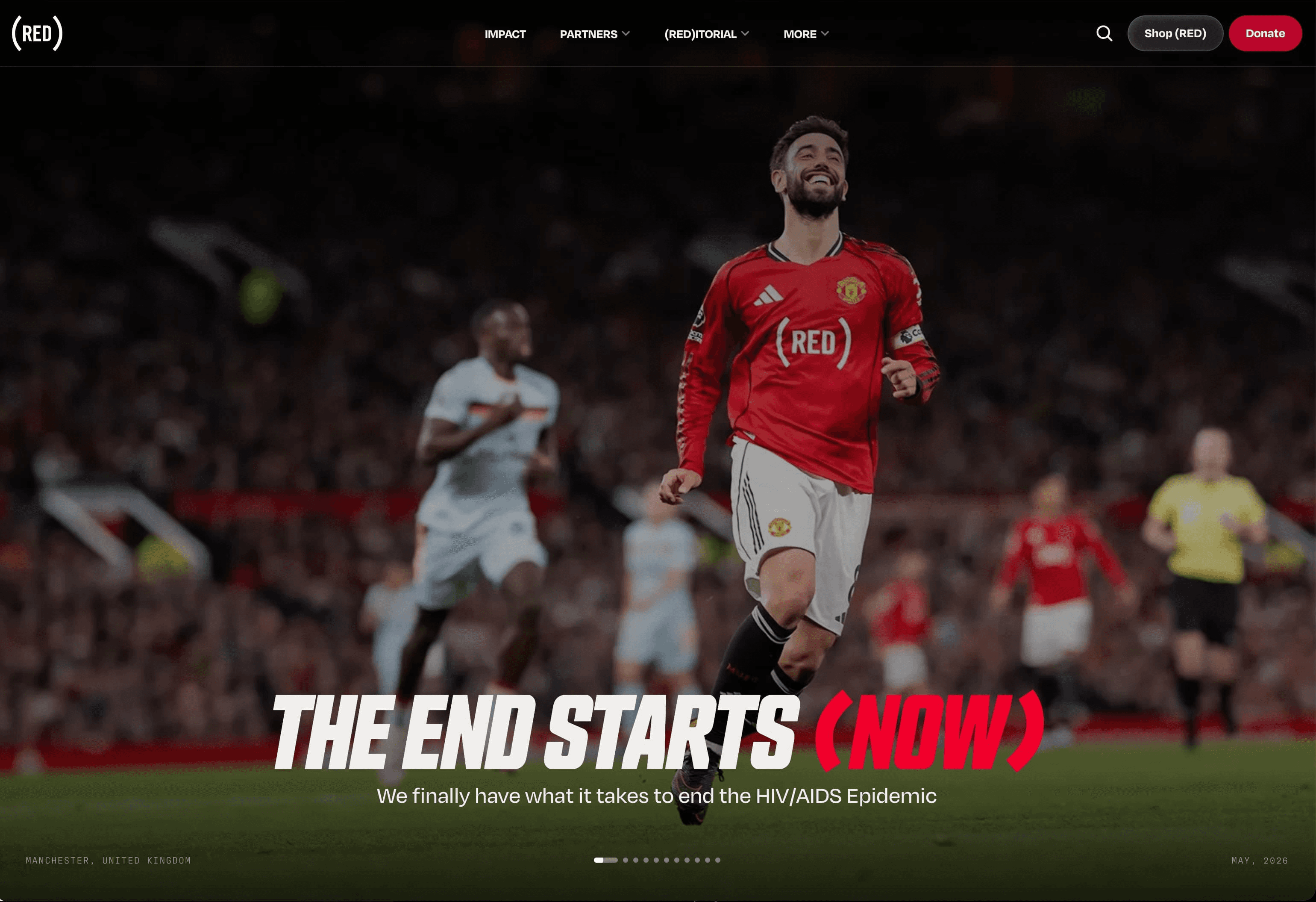 (RED) website homepage with the “THE END STARTS (NOW)” hero