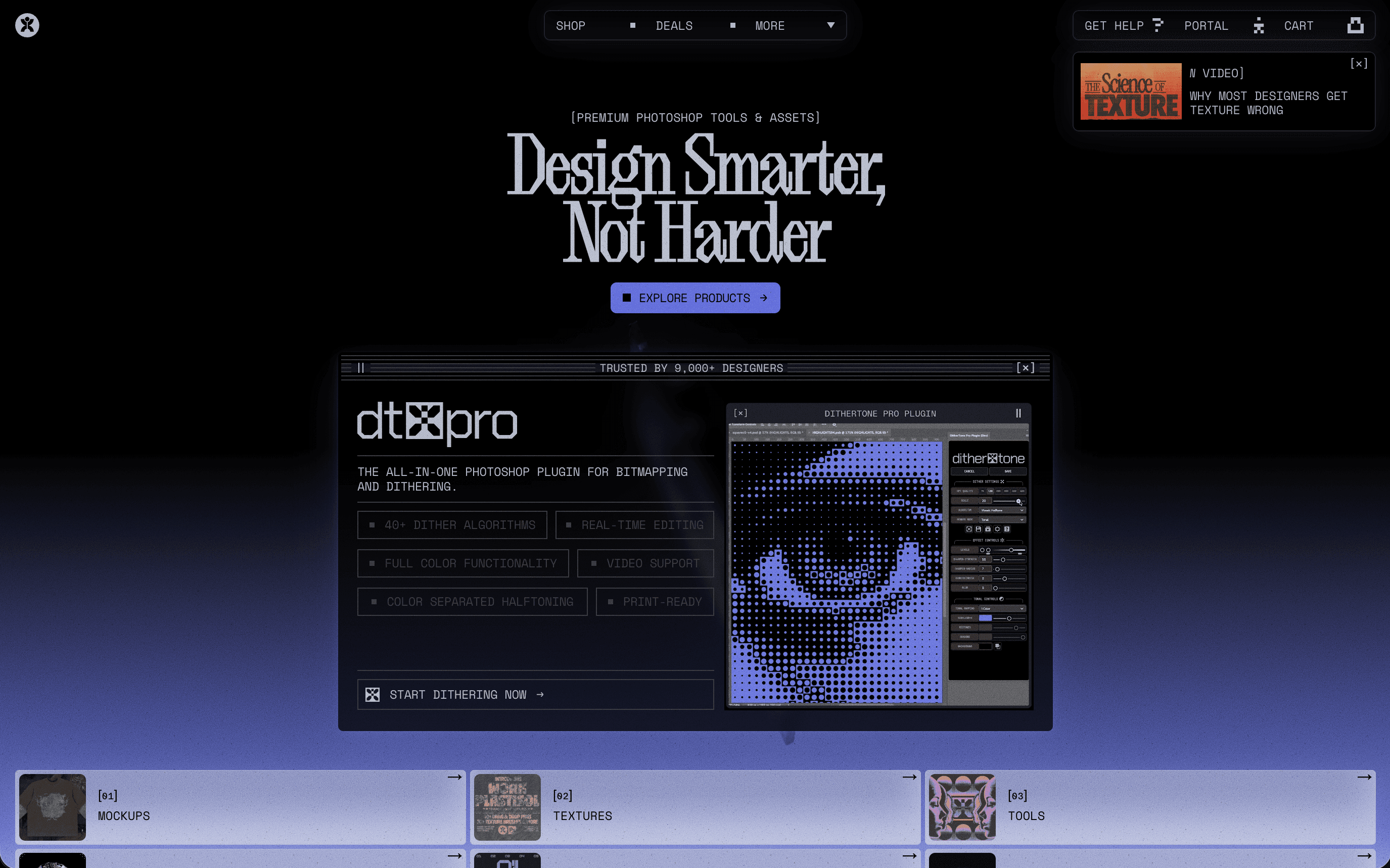 Design Smarter website presenting Photoshop tools and a dithering plugin interface