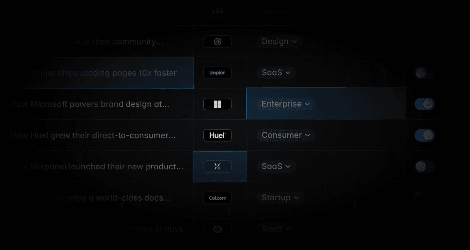 Framer CMS table showing article titles, company logos, category fields, and visibility toggles.