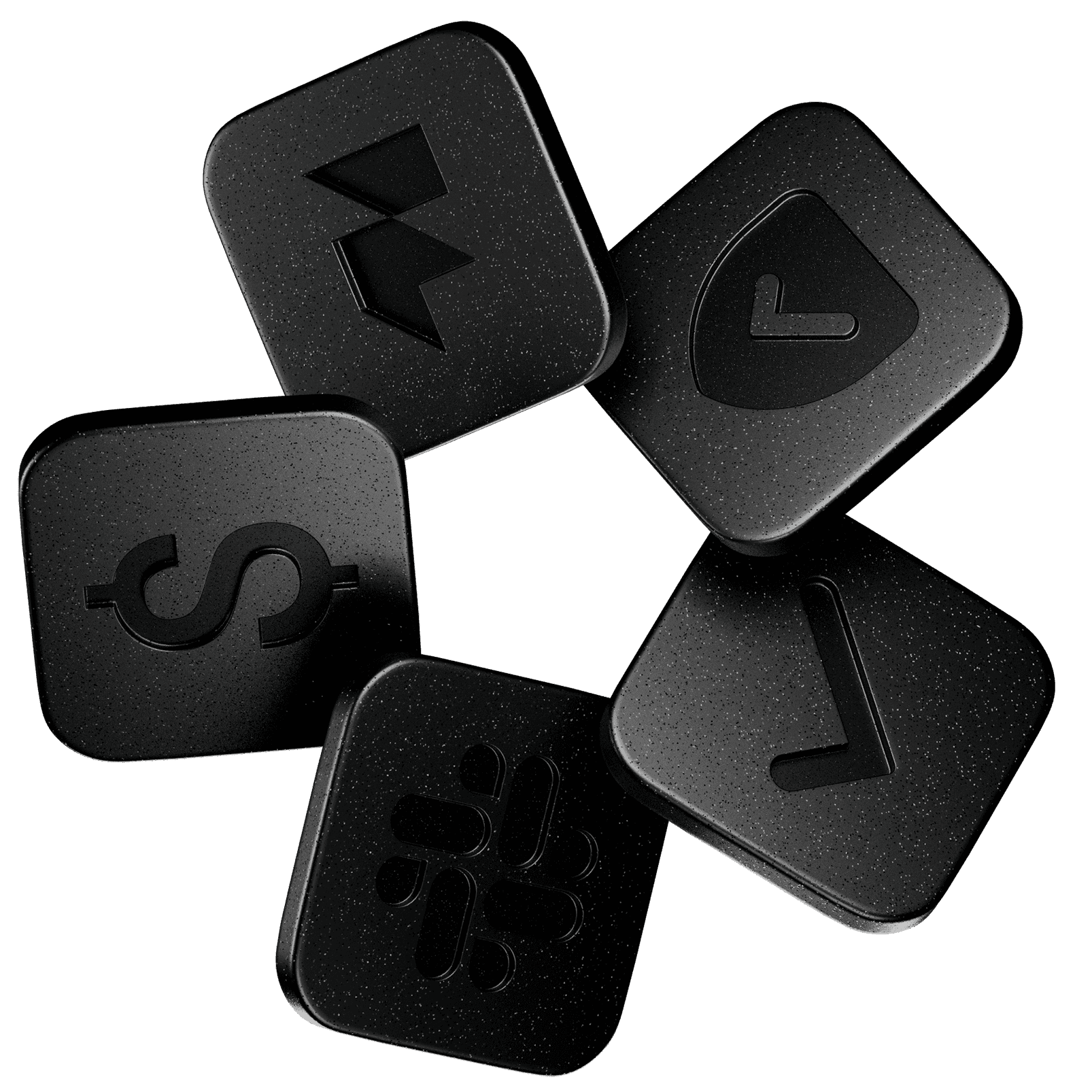Ring of 3D tokens with Framer, Slack, dollar, and checkmark icons
