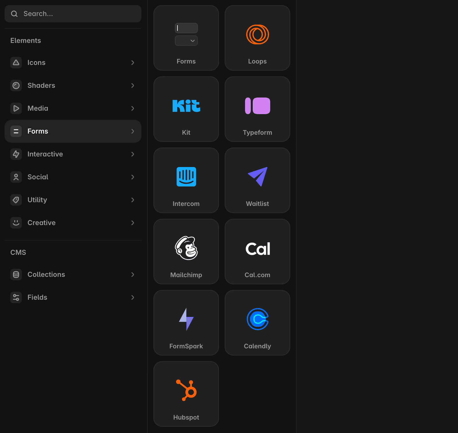 In Insert panel showing all the Forms components.